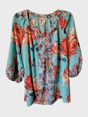 Women's Floral Boho Peasant Top 1x Aqua Coral Roses Boho Revival Soft Girl